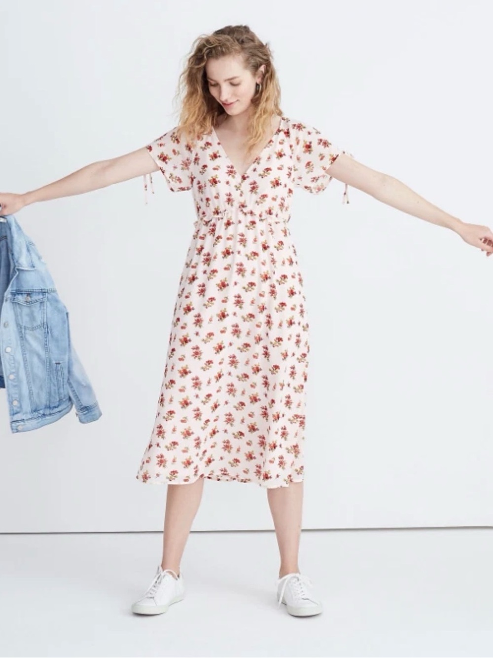 Madewell Tie Sleeve Ruffle Waist Midi Dress in Countryside Blooms Pink Floral
